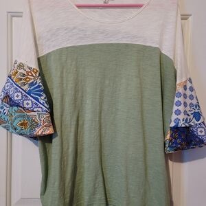 Umgee Green and White Blouse with Colorful Patterned Sleeves